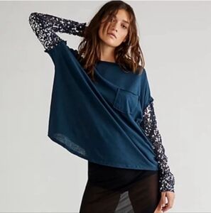 Free People Celine Sequin T shirt | Navy | SZ XS